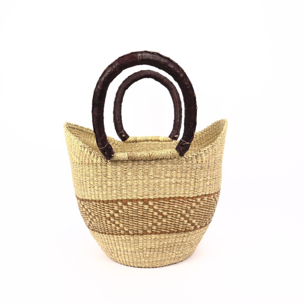 Panier moyen bolga naturel avec bande beige cuir marron