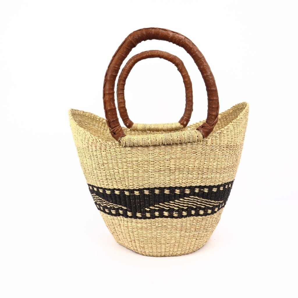 Panier moyen bolga naturel avec bande noire cuir marron