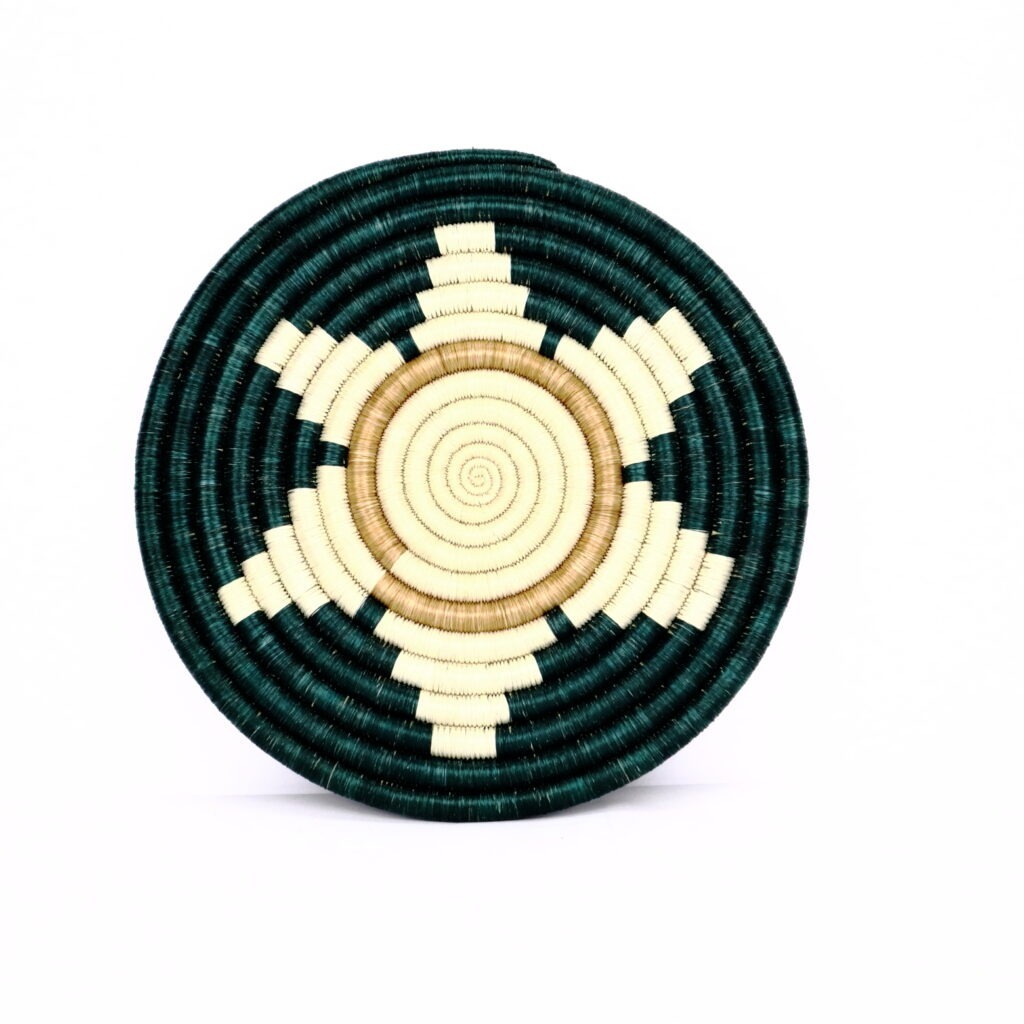 Petit dessous de plat rwanda tissé fleur vert blanc #2