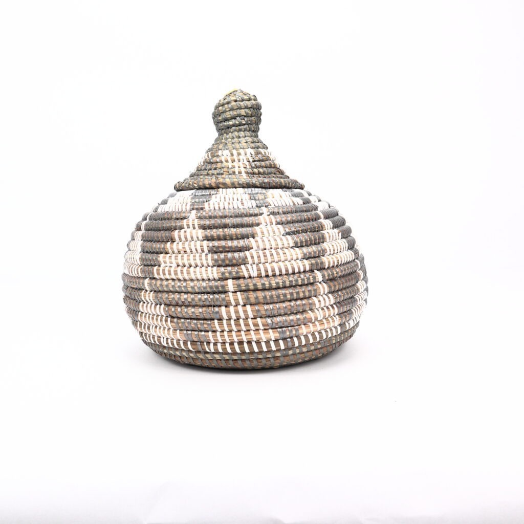 Petit panier africain rond blanc gris motif triangles XS