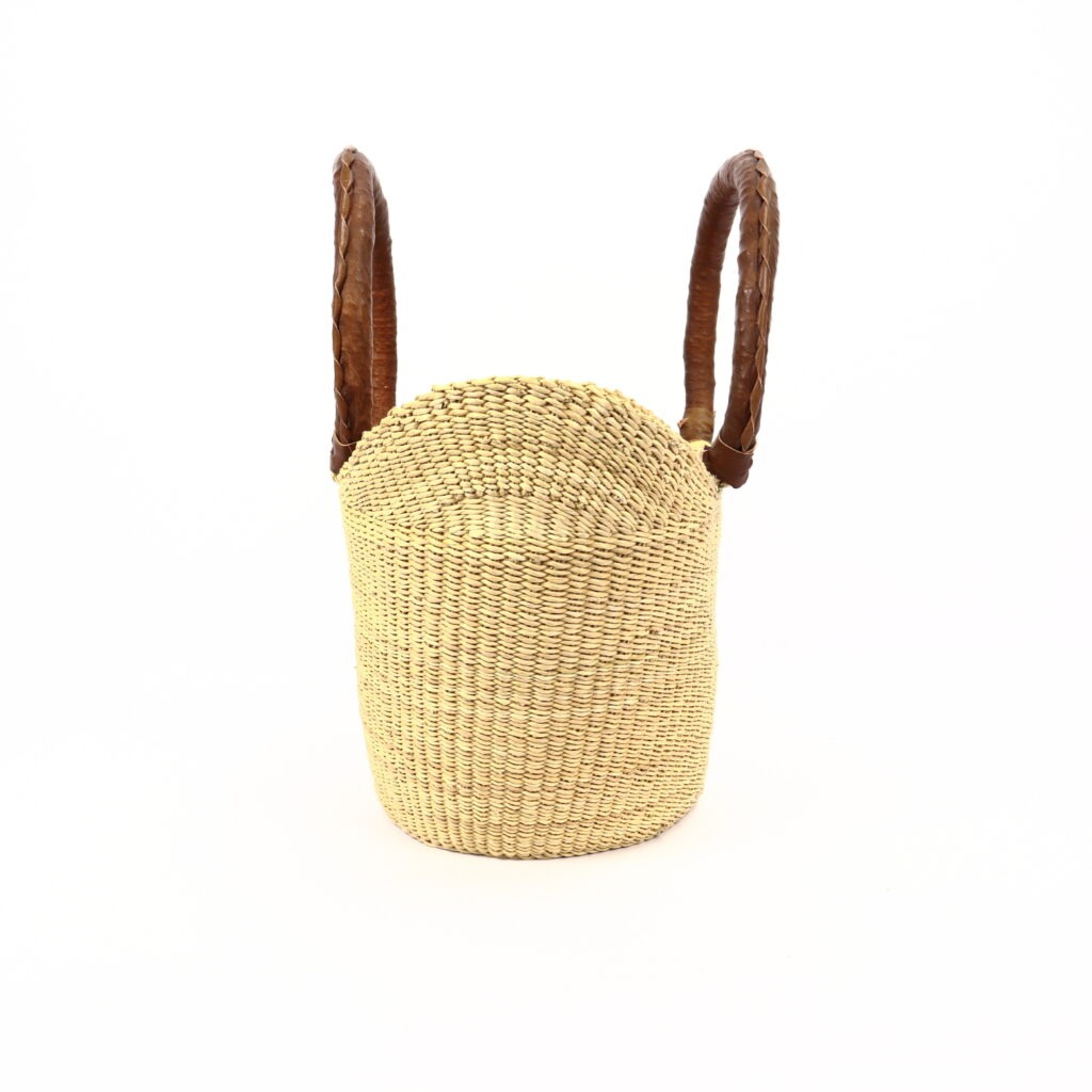 Petit panier bolga naturel avec anses en cuir camel #1 – Image 3