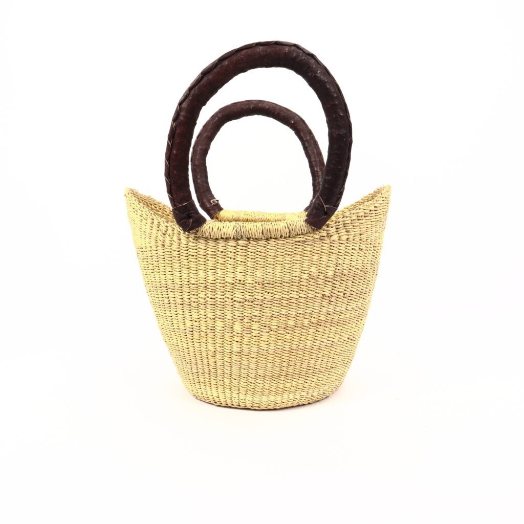 Petit panier bolga naturel avec anses en cuir marron #1