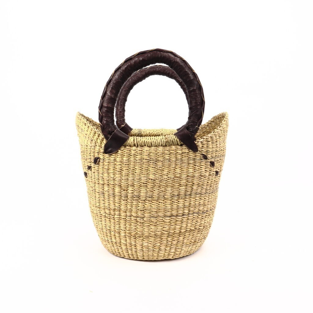Petit panier bolga naturel avec anses en cuir marron #2