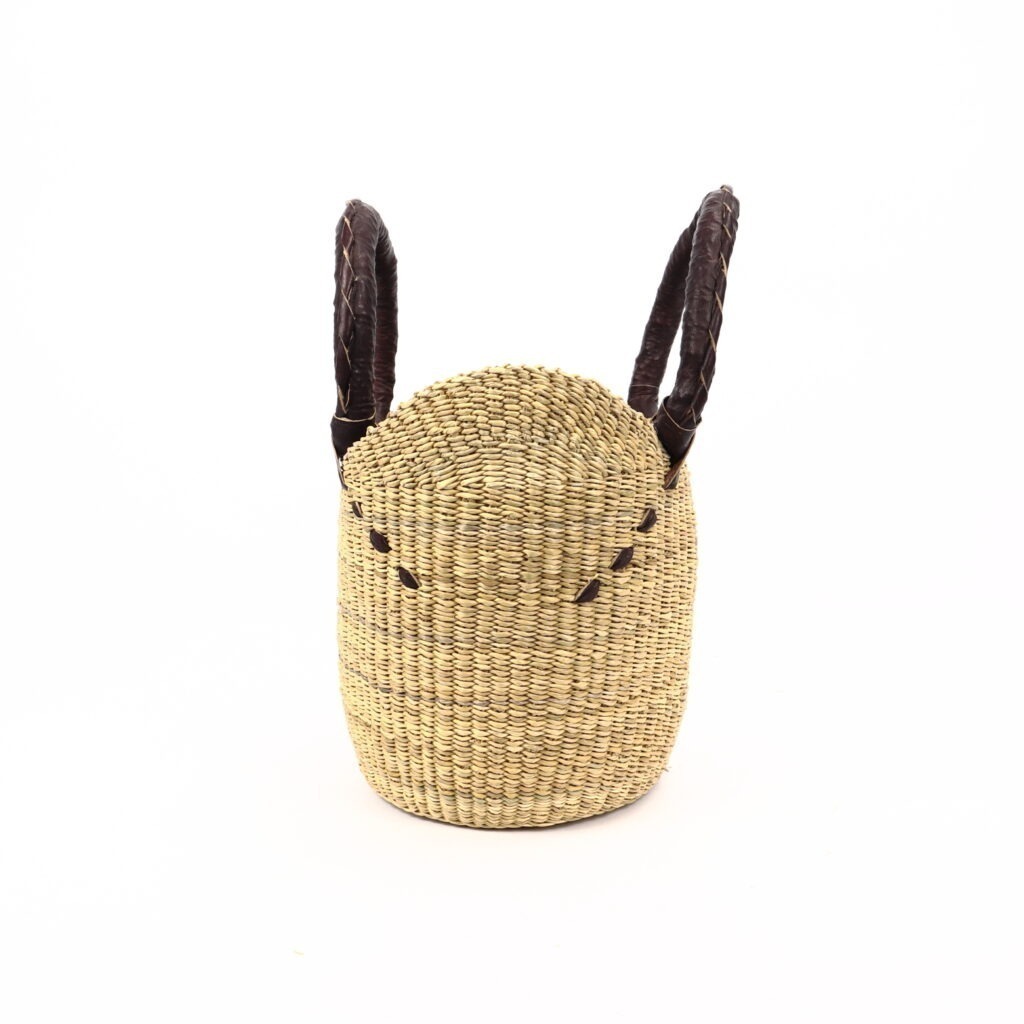 Petit panier bolga naturel avec anses en cuir marron #2 – Image 3