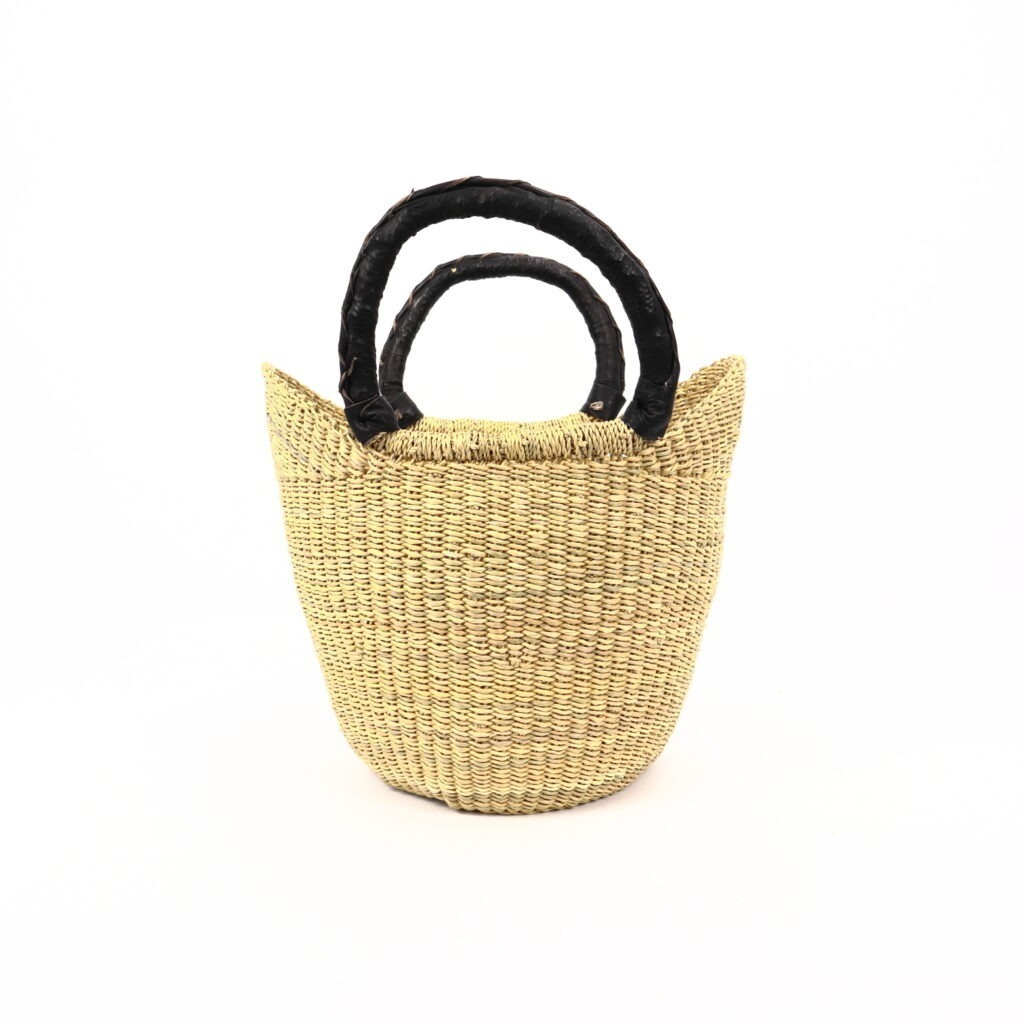 Petit panier bolga naturel avec anses en cuir noir #1