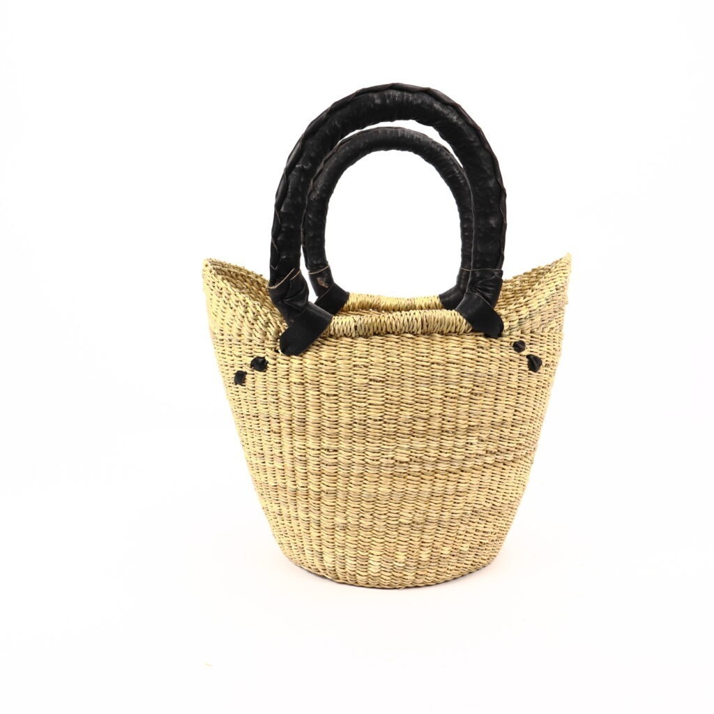 Petit panier bolga naturel avec anses en cuir noir #2
