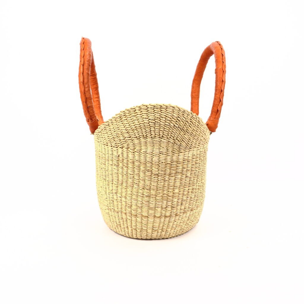 Petit panier bolga naturel avec anses en cuir orange #1 – Image 3