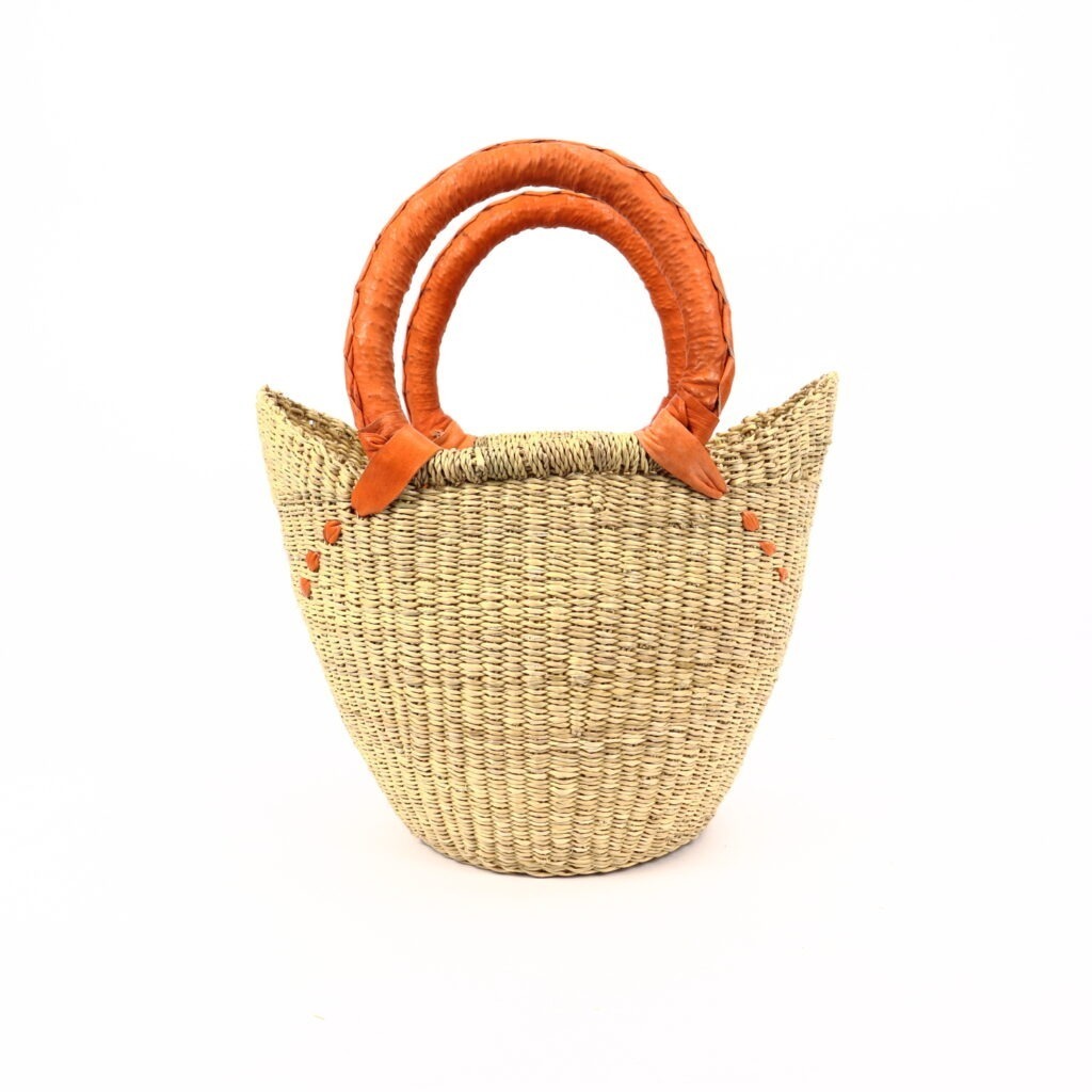 Petit panier bolga naturel avec anses en cuir orange #2