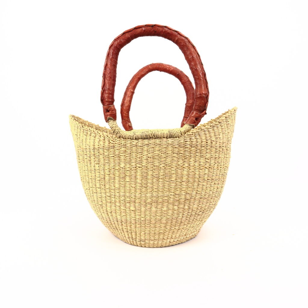 Petit panier bolga naturel avec anses en cuir rouge #1