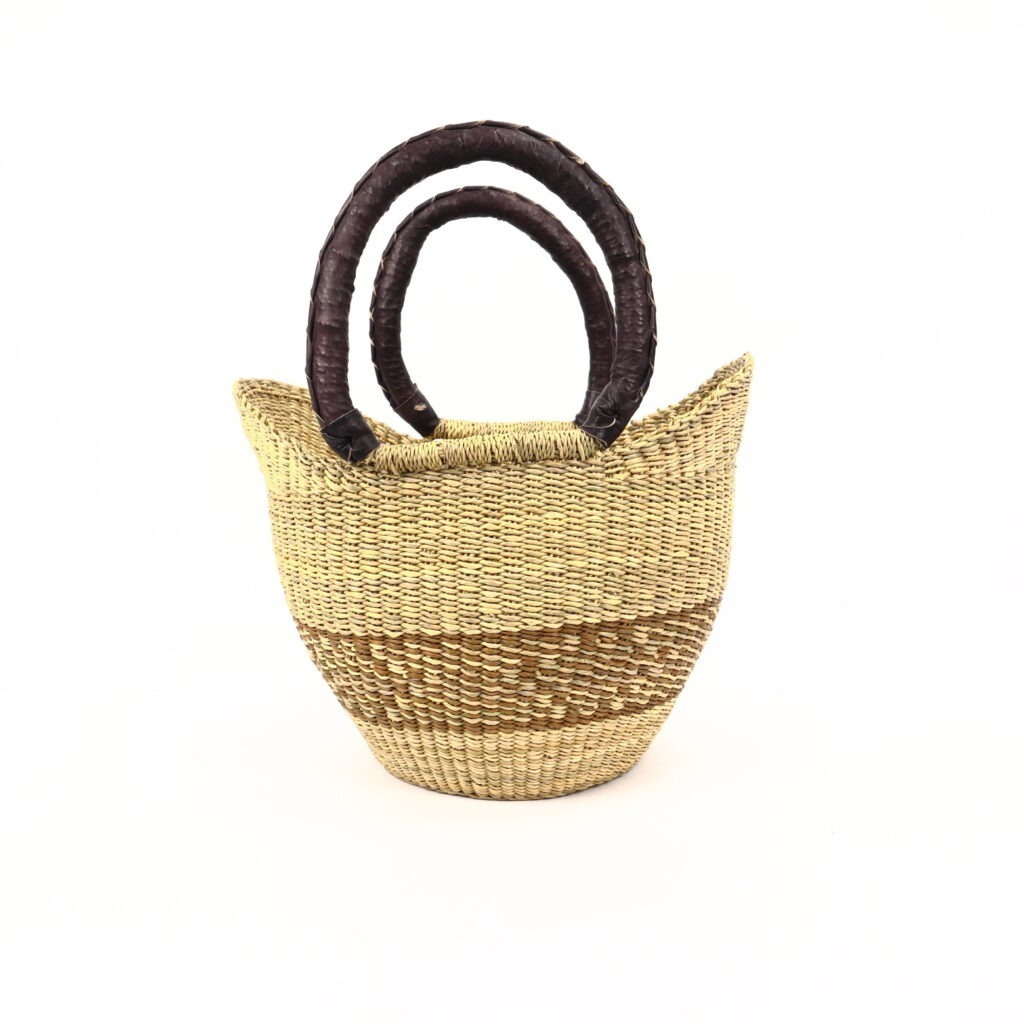 Petit panier bolga naturel avec bande beige cuir marron