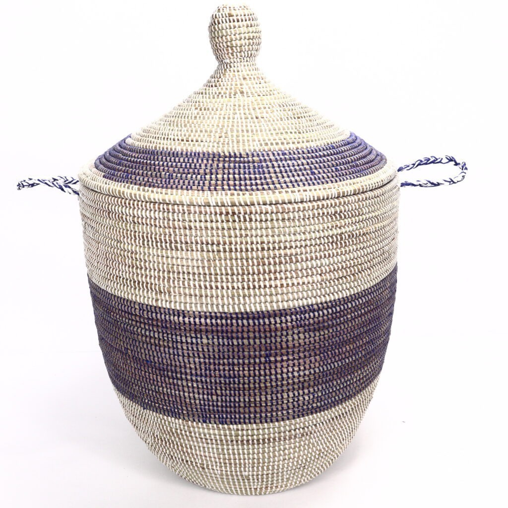 Grand panier africain tissé blanc bande bleue L