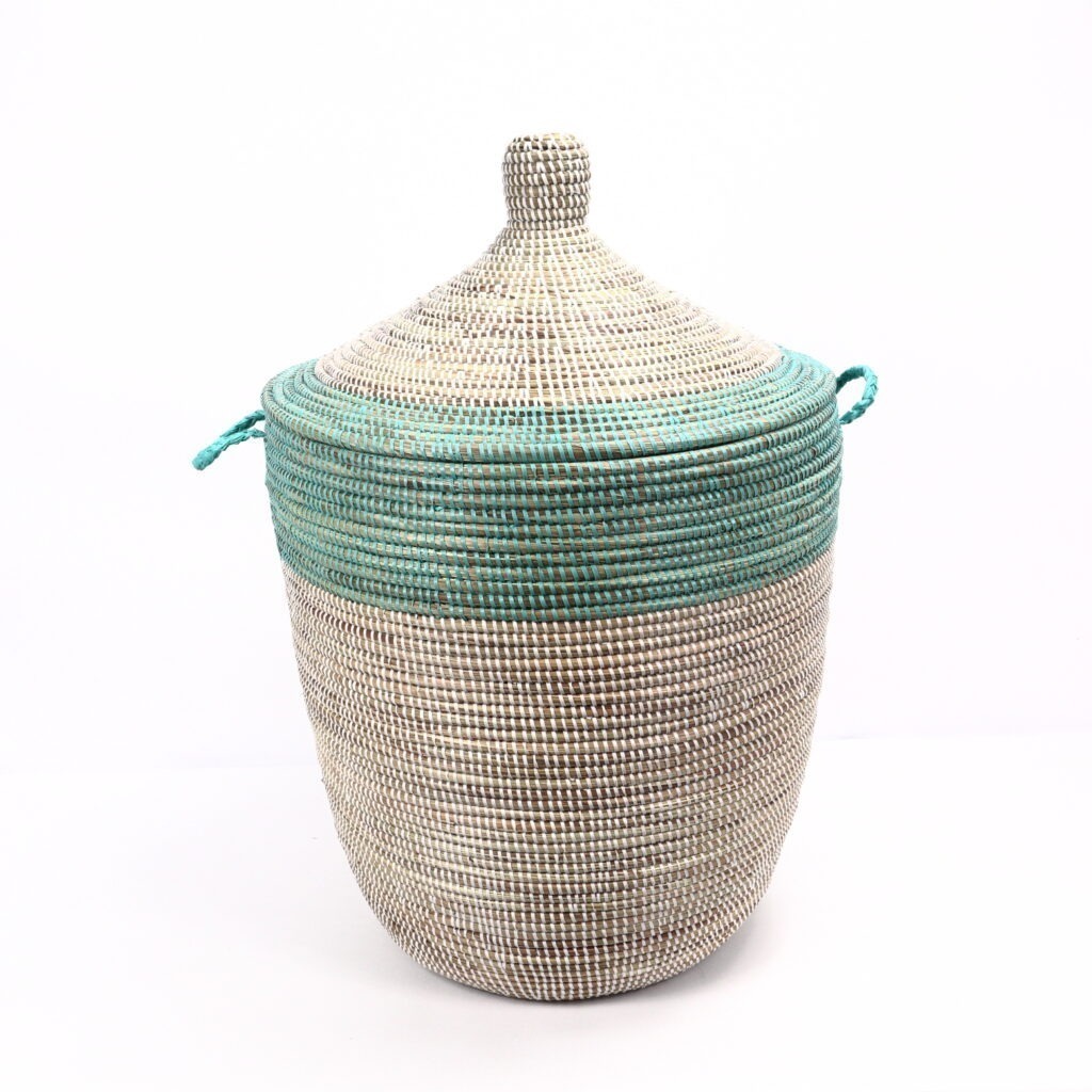 Grand panier africain tissé blanc vert L