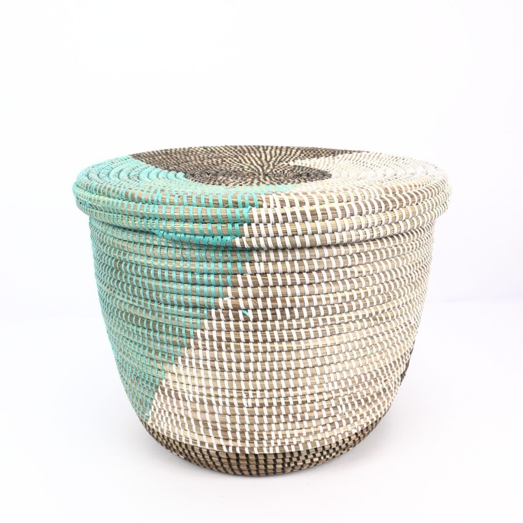 Panier africain moyen blanc noir turquoise couvercle S